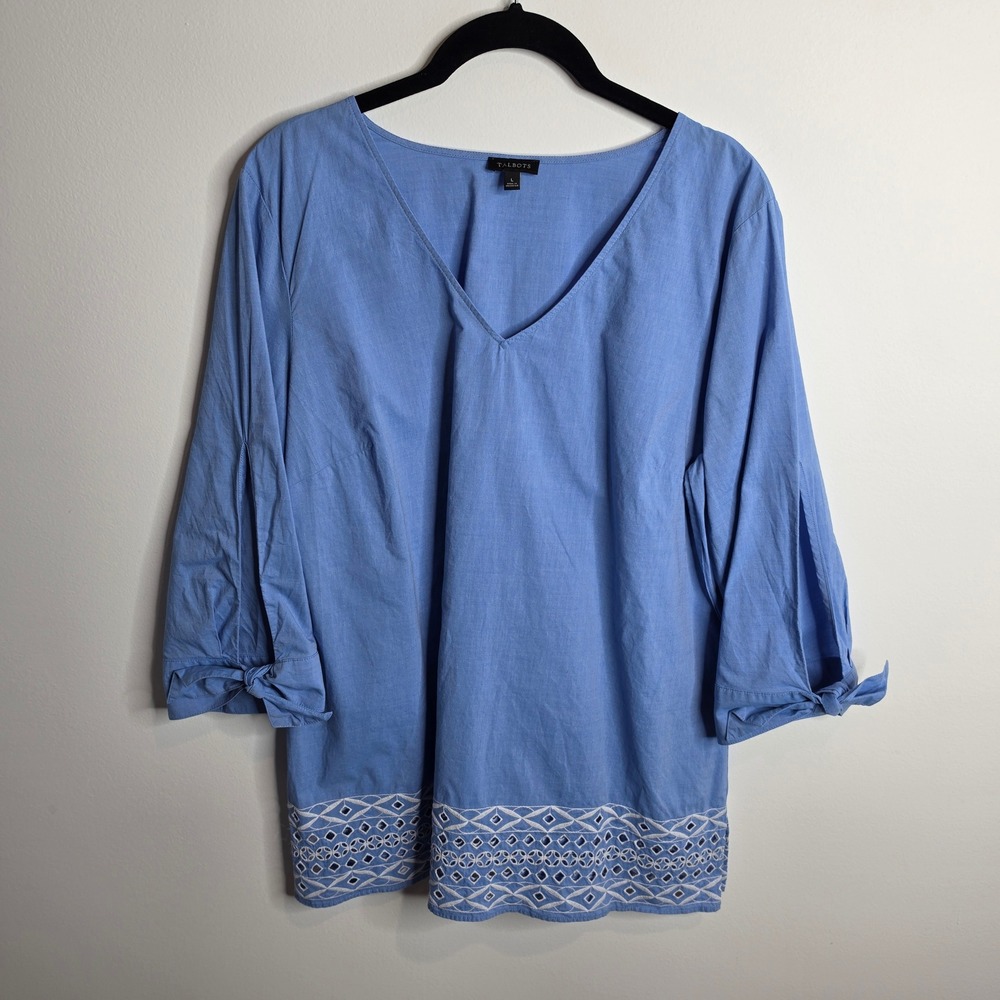 Talbots Embroidered Eyelet Hem Top Womens Large Blue V-Neck Tie Sleeve Blouse